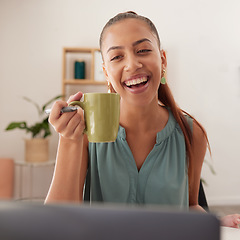 Image showing Coffee, happy and woman on a video call with a laptop for business, reading email and working in a house. Internet, communication and remote girl entrepreneur with a smile and tea with a pc for job