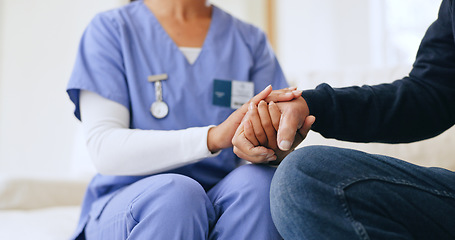 Image showing Nurse, patient and holding hands closeup for diagnosis news, consultation or test result support. Medical worker, person and fingers touch for anxiety stress or empathy wellness, report or exam hope