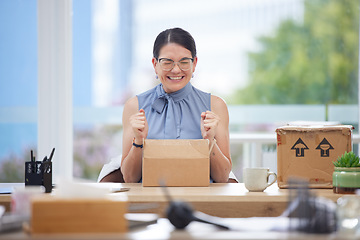 Image showing Excited, delivery and box of business woman in office happy with product from courier service, ecommerce and supply chain industry. Success, logistics and employee with cardboard package for unboxing