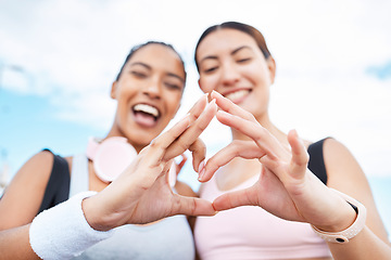 Image showing Fitness, heart and health with hands of women for sports workout, exercise and cardio lifestyle in nature together. Wellness, peace and happy with friends for summer, smile and training in outdoor