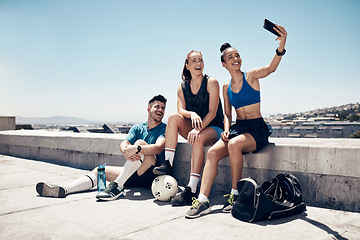 Image showing Selfie, fitness and soccer people friends with smartphone for social network update or outdoor wellness post on blue sky mock up. Young accountability sports or sports team with cellphone portrait