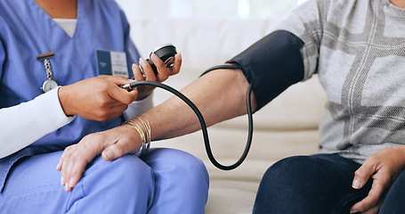 Image showing Nurse, patient and blood pressure closeup for reading results, consultation or test pulse. Medical worker, old female person or vital machine for service report, wellness exam or hypertension problem