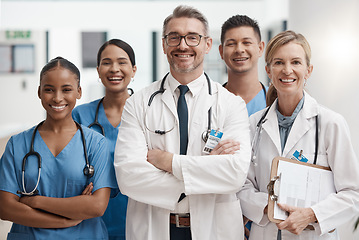 Image showing Team of doctor and nurse with vision, teamwork and arms crossed while working at a hospital. Happy medical expert, healthcare and professional group smile at work together for success at a clinic