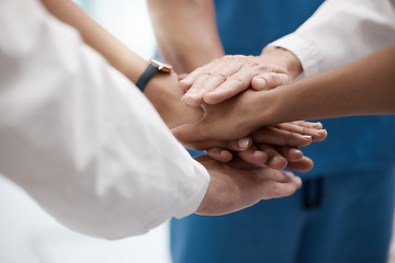 Image showing Teamwork, medical support and hands of doctors working as a team for success in healthcare at a hospital. Nurse, surgeon and worker with solidarity, help and collaboration at a clinic for work
