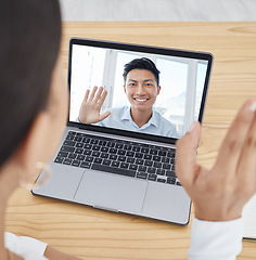 Image showing Laptop screen, video call and businessman meeting for global collaboration, b2b networking or online communication. Zoom call international people and manager from china with digital company update