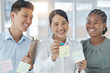 Image showing Sticky note, writing and employees planning in a meeting for schhedule, innovation and corporate strategy in an office at work. Happy, smile and business workers in collaboration for company schedule