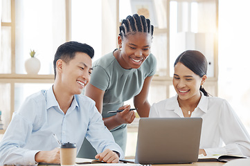 Image showing Coaching, teamwork and black woman manager with laptop, businessman and lady at startup going over report online, sharing ideas in a meeting. Young business people, diversity and support in office