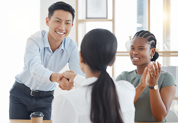 Image showing Handshake, office and success with partnership deal together at corporate company meeting. Professional b2b agreement and negotiation with cheerful clapping applause in office workplace.