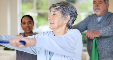 Image showing Rehabilitation, recovery or resistance band and a senior people in their home with a personal trainer. Fitness, physiotherapy or health with an elderly man and woman in their apartment for a workout