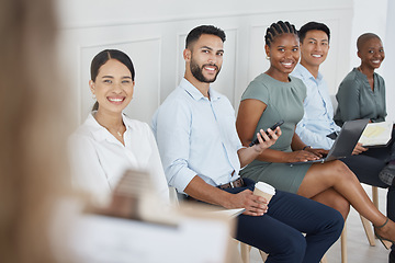 Image showing Candidates, interview and hr talking to people in a row together in an office at work. Employees, people and workers with smile for receptionist with list for recruitment, hiring and planning