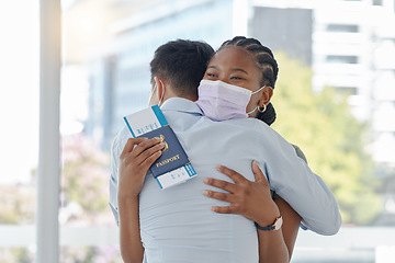 Image showing Airport, travel and face mask with couple hug with covid passport before international flight abroad. Black woman with immigration, traveling and corona compliance at the border with friends farewell