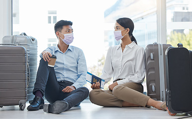 Image showing Passport, airport and covid people on floor for immigration problem, travel risk management or corona virus crisis with suitcase in china. Covid 19 couple with identity paper on a waiting room ground