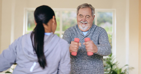 Image showing Woman, senior man and workout with dumbbells, health and workout app for progress in nursing home. Personal trainer, physiotherapist and training for muscle, rehabilitation or exercise in retirement