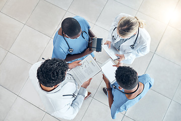 Image showing Doctor documents, nurse data and hospital information of a healthcare medical team in a clinic. Teamwork and collaboration above view of nursing and health staff with paper and digital results