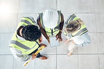 Image showing Teamwork, tablet or engineer construction workers working, collaboration on building project at construction site. Above innovation vision or diversity planning, search for creative industry strategy