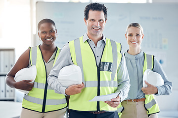 Image showing Architecture, diversity and engineering leader with a team or group of workers ready to start building a project. Smile, trust and construction manager with happy designers for teamwork in an office