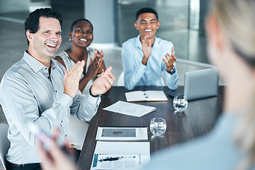 Image showing Presentation, leadership and diversity team applause at meeting for marketing strategy from ceo, coach or manager. Corporate celebration, support or business group of people clap for advertising idea