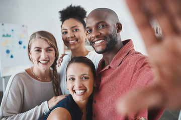 Image showing Selfie, friends and teamwork with a black man and team taking a photograph together in a work office. Collaboration, success and business with a male and female employee group posing for a picture