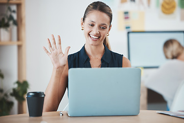 Image showing Business woman wave hello, laptop video call and online presentation meeting in modern office. Happy designer talking in virtual workshop, voip marketing interview and computer webinar in startup