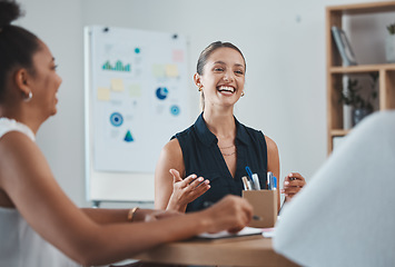 Image showing Team, business meeting and brainstorming for creative group project together in office. Female leadership, teamwork and girl planning startup company, happy and smile for partnership in workplace.