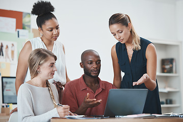 Image showing Teamwork, coaching and business people on laptop working together in meeting. Planning, collaboration and communication of group in office brainstorming, ideas or innovation with pc, computer or tech