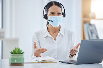 Image showing Covid, call center and worker confused while consulting on the internet with a laptop in an office at work. Angry and frustrated customer service agent working in telemarketing with pc and face mask