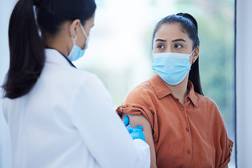 Image showing Doctor, covid vaccine or consulting woman for health, wellness or medical healthcare virus safety in hospital. Nurse, help or employee for covid 19 compliance, medicine or dengue injection in clinic