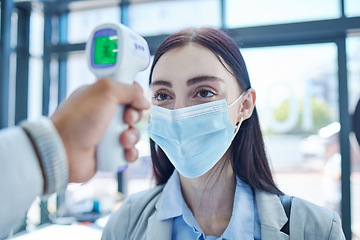 Image showing Covid, thermometer and woman doing check for health, virus and healthcare in an office at work. Face of an employee, corporate worker or person doing compliance test with face mask at company