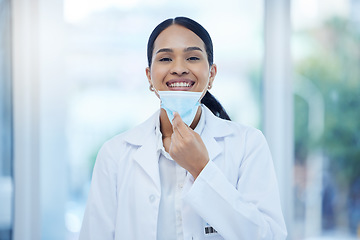 Image showing Covid, healthcare and happy portrait of doctor woman in professional Mexico clinic with smile. Optimistic medical expert remove face mask protection at end of coronavirus health pandemic.