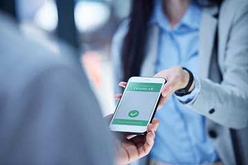 Image showing Covid travel passport, phone qr code certificate and vaccine health identity at airport immigration security. Woman hands check mobile app for corona virus safety, digital data and wellness risk test