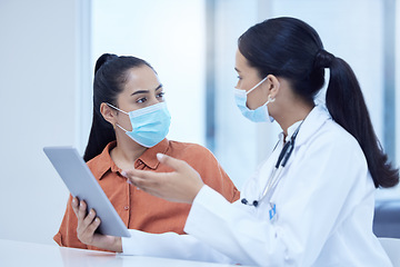 Image showing Covid, woman patient and doctor with tablet explain results, give advice and help against sickness. Health, lady with mask discuss prevention for illness, virus or corona with medical professional