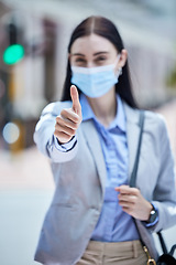 Image showing Thumbs up, woman covid travel and success hand sign of a person going on a work trip. Thank you, winner and yes hands gesture of a business employee traveling for a global job or worker immigration