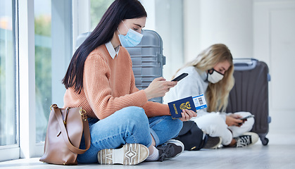 Image showing Passport, covid and mask, travel with smartphone for communication after canceled flight. Woman, compliance of health and safety rules, vaccination and traveling restriction during pandemic.