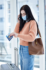 Image showing Covid, travel and passport with woman in face mask and phone call for immigration law, corona virus airport policy. Person with suitcase check time on watch with document problem, covid 19 compliance