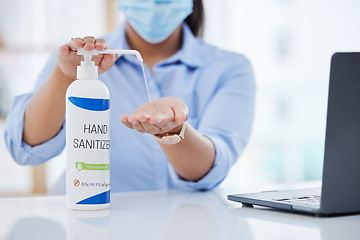 Image showing Hand sanitizer, covid and woman with laptop working in the office with face mask. Hygiene, clean and sanitizing hands in the workplace for prevention of covid 19. Business woman at work with computer