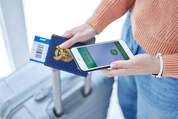Image showing Passport, phone and covid barcode for airport to board airplane for overseas travel, holiday or vacation. Ticket, digital vaccine certificate and closeup of girl with suitcase, document and cellphone