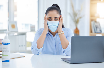 Image showing Covid, anxiety or stress of a business woman with laptop at her office desk for online mistake or compliance fear management. Corporate human resources worker with corona virus policy problem or fail