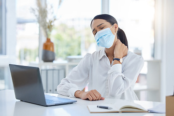 Image showing Covid business woman, neck pain and stress injury at office desk in startup. Sad, sick and tired face mask employee burnout, joint pain problem and body posture, corona virus health risk and anxiety