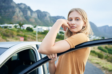 Image showing Young woman, travel and with car on vacation, journey and adventure for summer. Independent female, confident girl and taking break from road trip driving for holiday, relax getaway and happy outdoor
