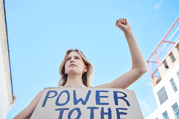 Image showing Power to the people, woman protest and freedom sign to fight human rights, justice and politics in street rally. Girl power, feminism revolution and poster to support equality, community and society