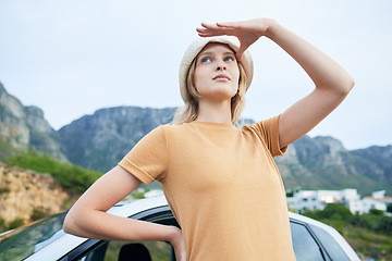 Image showing View, relax and woman on a road trip with a car in nature of Portugal during summer. Relax, freedom and calm girl doing travel in the countryside with transport for holiday, adventure and drive