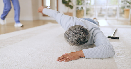 Image showing Fall, accident and senior patient help with nurse in a hospital with injury and caregiver support. Elderly care, emergency and floor with a person in pain with healthcare professional assistance