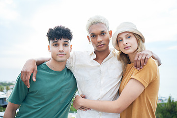 Image showing Hug, portrait and friends at the beach for holiday together during summer in Miami. Group of young, happy and gen z people hugging with care while on a tropical vacation on a island by the sea