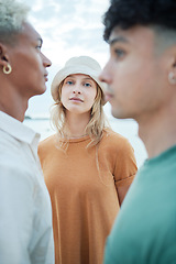 Image showing Beauty, fashion and friends with a woman or model face standing for diversity on a winter white background. Style, confidence and inclusion with a young female with trendy male friend group outdoors