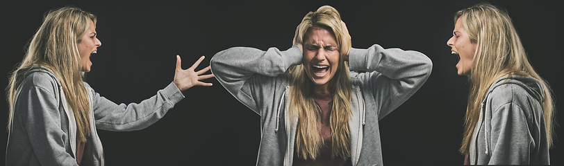 Image showing Mental health, schizophrenia and bipolar woman with depression screaming for help. Anxiety, frustrated and depressed girl angry at mental illness trying to block out pain, stress and negative thought