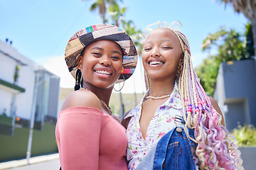 Image showing Girl friends, love and african women happiness on uni vacation or travel trip in city. Young fun black girls, lesbian couple or sisters fun together outdoor summer holiday family portrait