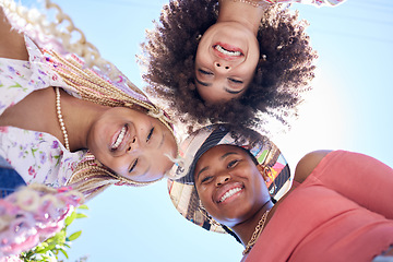 Image showing Black woman, blue sky and portrait of friends happy, smile and relax on San Francisco vacation for fun friendship reunion. Sunshine, travel and group of people or women on summer holiday below view