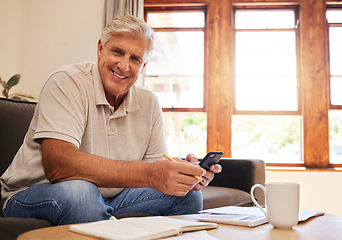 Image showing Paperwork, phone and senior man with pension plan, investments and savings on sofa. Happiness, banking and portrait of elderly guy from Australia in retirement paying mortgage, bills and debt online.