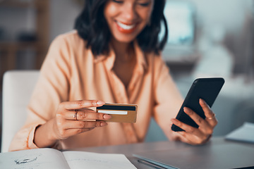 Image showing Shopping for online purchase with credit card and phone, buying products for house and making payment with technology. Smiling and cheerful woman holding debit card for banking, budget and bills