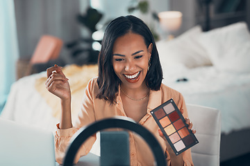 Image showing Influencer recording makeup tutorial with phone, vlogging with beauty cosmetics and streaming a skincare routine at home. Entrepreneur, female blogger or happy woman making video for social media